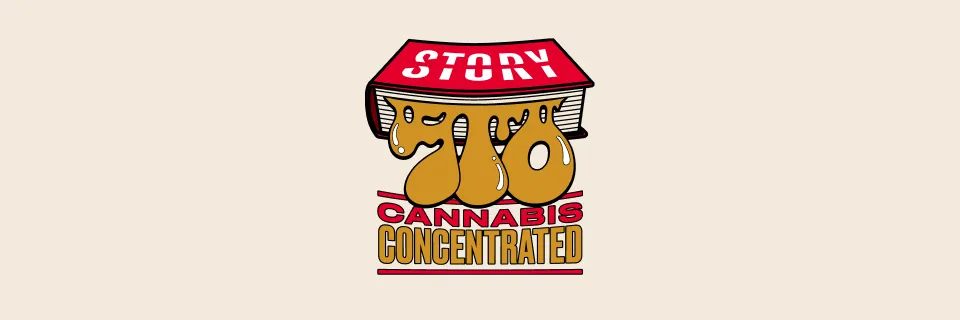 Cannabis-themed logo with playful design of a story book with 710 spelled out in illustrated concentrate drips