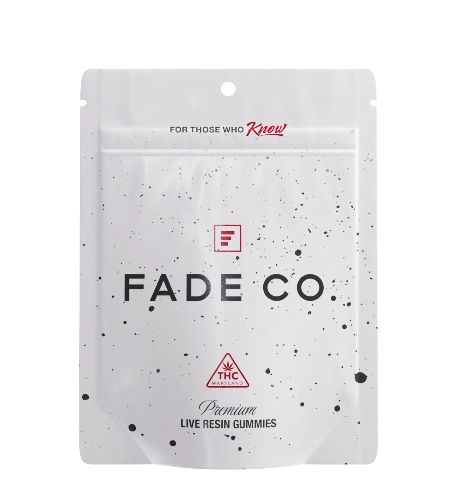 Fade Co Gummies White packaging with black speckles.