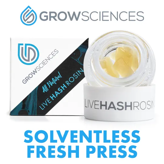 image of Grow Sciences concentrate in white packaging with blue and silver text, readling all natural live hash rosin.