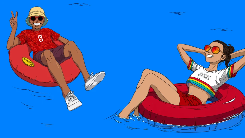 Illustration of two people floating on red inner tubes in blue water, smiling and relaxing on a summer day.