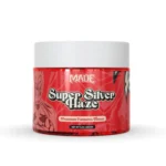 A red jar labeled “Super Silver Haze” with bold black and white text and comic-style artwork. The jar indicates it contains premium cannabis flower.