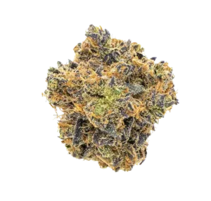 Close-up of a Zkittles dense cannabis bud with purple hues, bright orange hairs, and a frosty coating of trichomes
