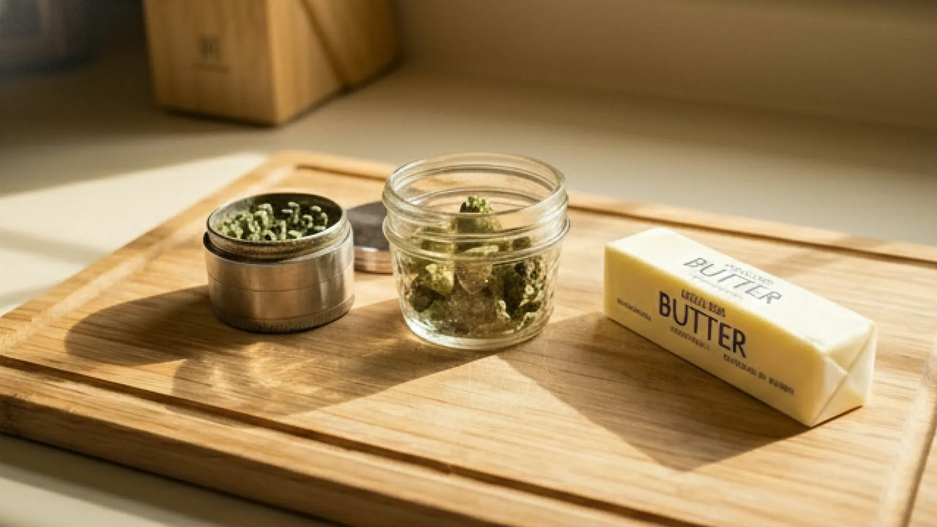Cannabis and butter on wooden board