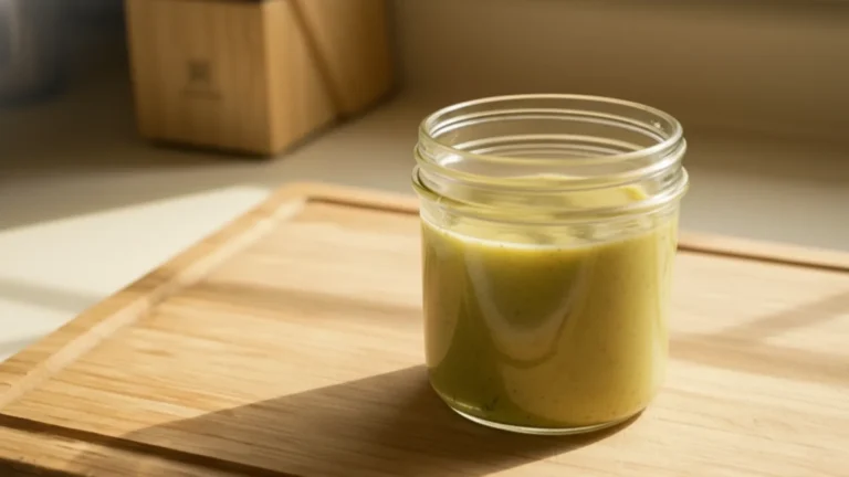 Jar of green substance on wood