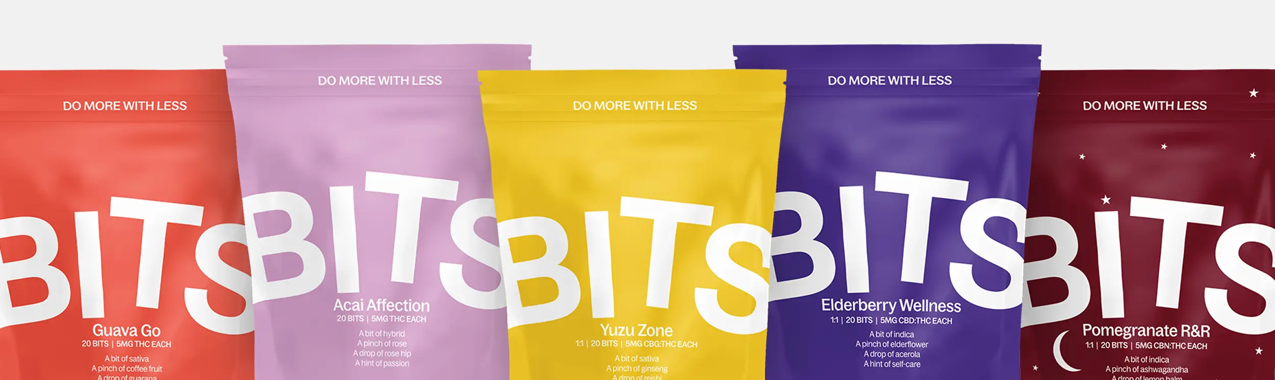 Bags of Bits Edibles in their different flavors, from left to right: Guava Go, Acai Affection, Yuzu Zone, Elderberry Wellness, and Pomegranate R&R.