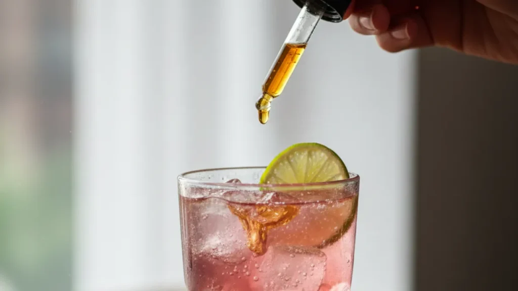 Hand adding liquid to cocktail glass