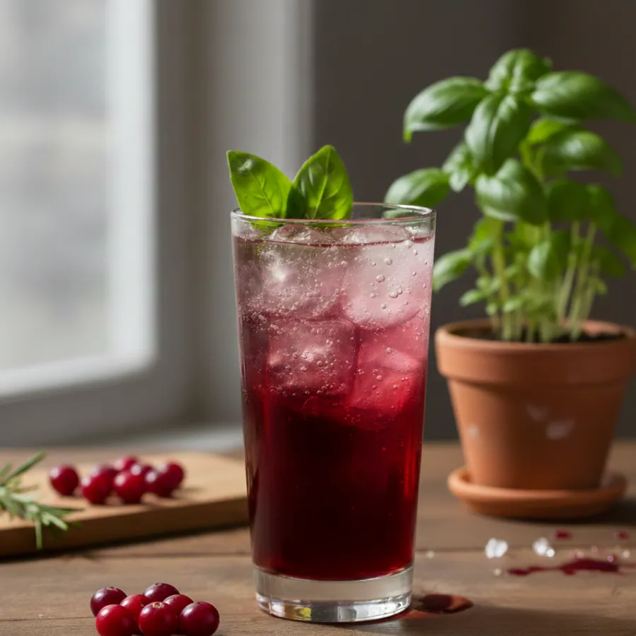 Cranberry drink with basil garnish