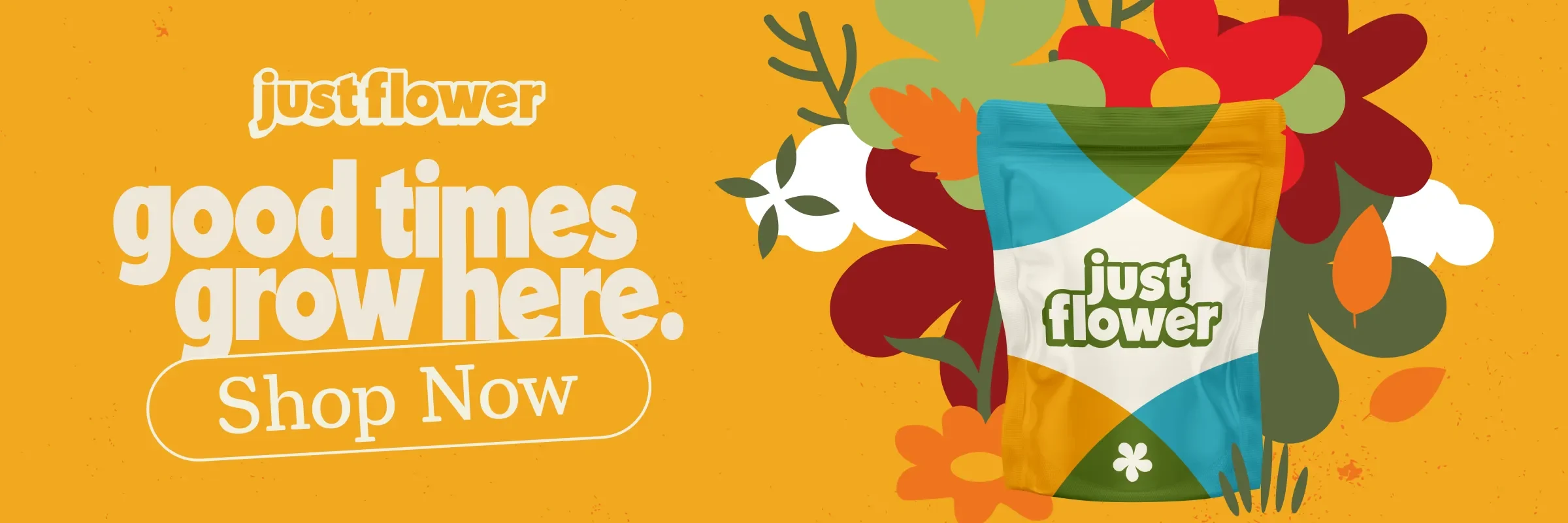 Colorful floral design with promotional text.