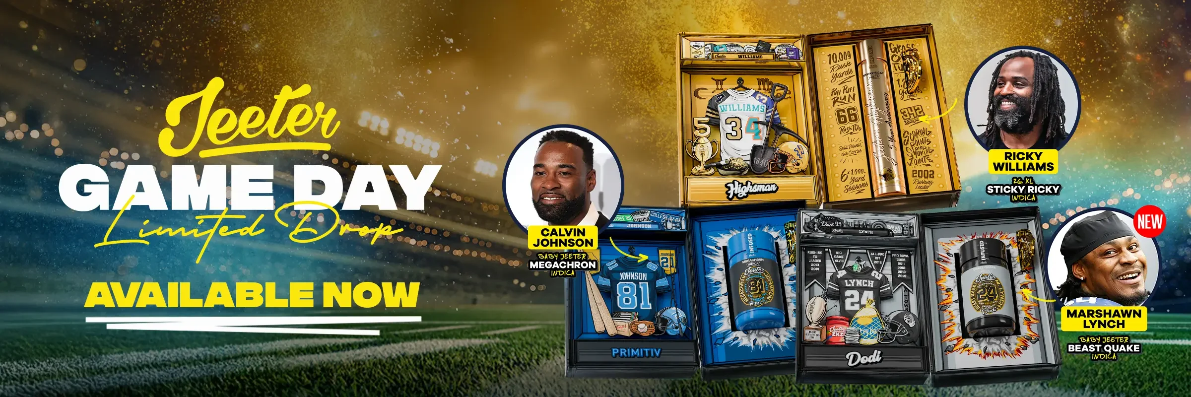 Jeeter Game Day limited drop cannabis collection available now, featuring celebrity athlete collaborations and infused pre-roll products in special edition packaging.