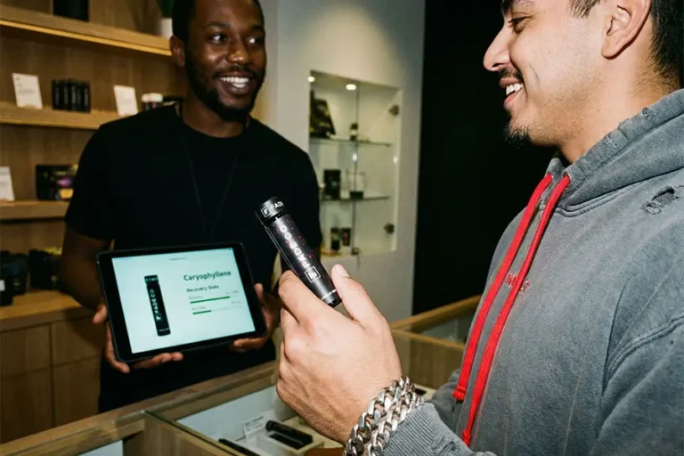 Customer interacting in a dispensary.