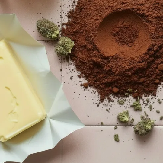 Butter, cannabis, and cocoa powder ingredients on a pink tile background