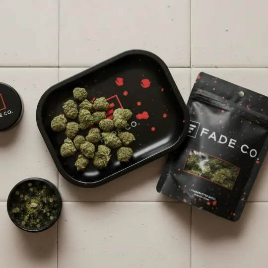 Cannabis buds and packaging on tray