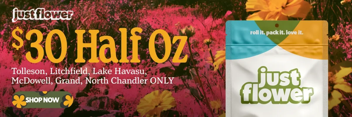 promotional banner for Just Flower 14g for $30 available at Story Cannabis. Text is golden yellow over an image of desert wildflowers treated with a pink acid wash