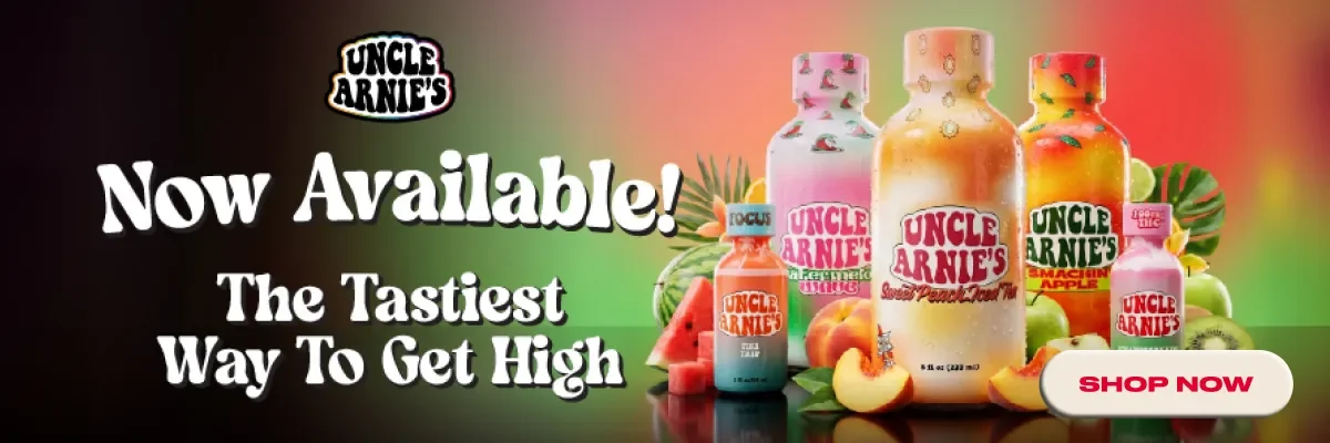 Uncle Arnies Now Available Promotional banner for Uncle Arnies cannabis infused beverages now available at Story Cannabis
