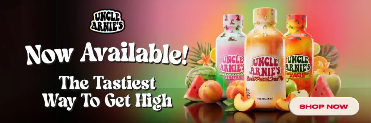 Promomotional banner for Uncle Arnies with colorful tropical beverage bottles