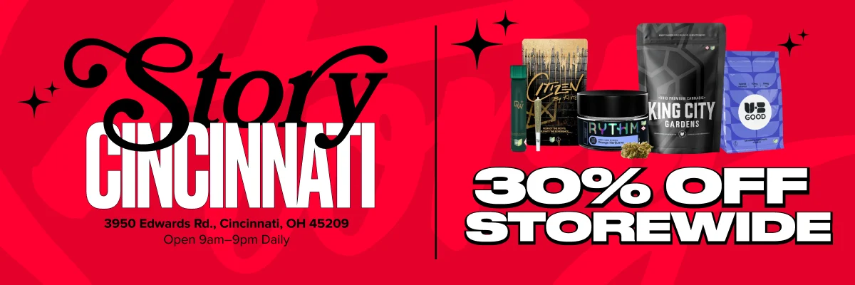 red promotional banner for 30% off storewide at story cannabis. includes images of products from top selling brands UBGOOD, King City Garden, Rythm, and Citizen.