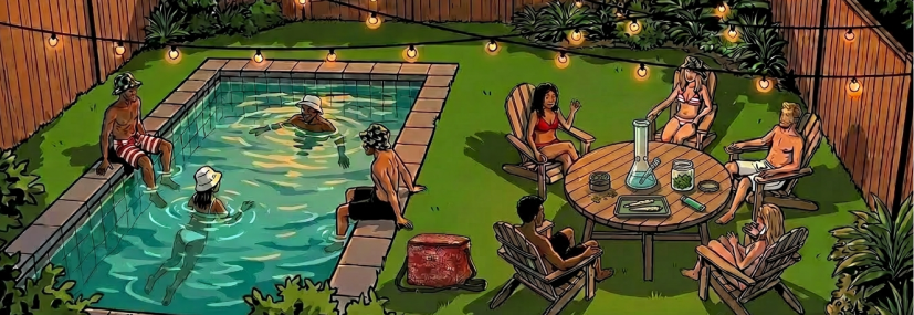 hero image with an illustration of a backyard summer pool party and people hanging out