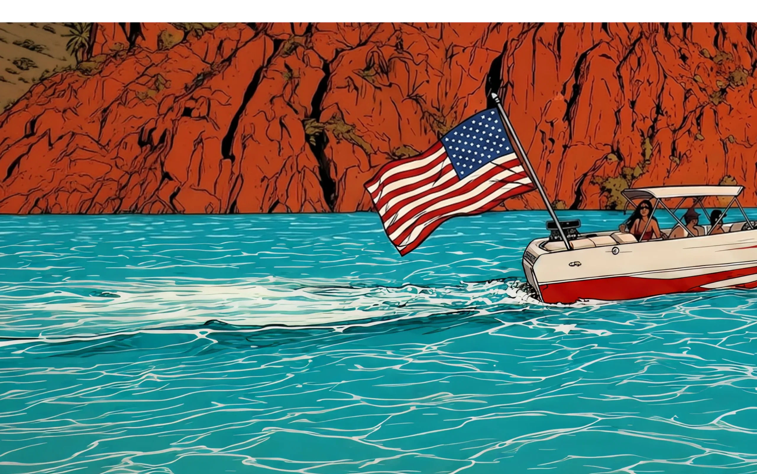 people on a boat cruising at lake havasu with an american flag