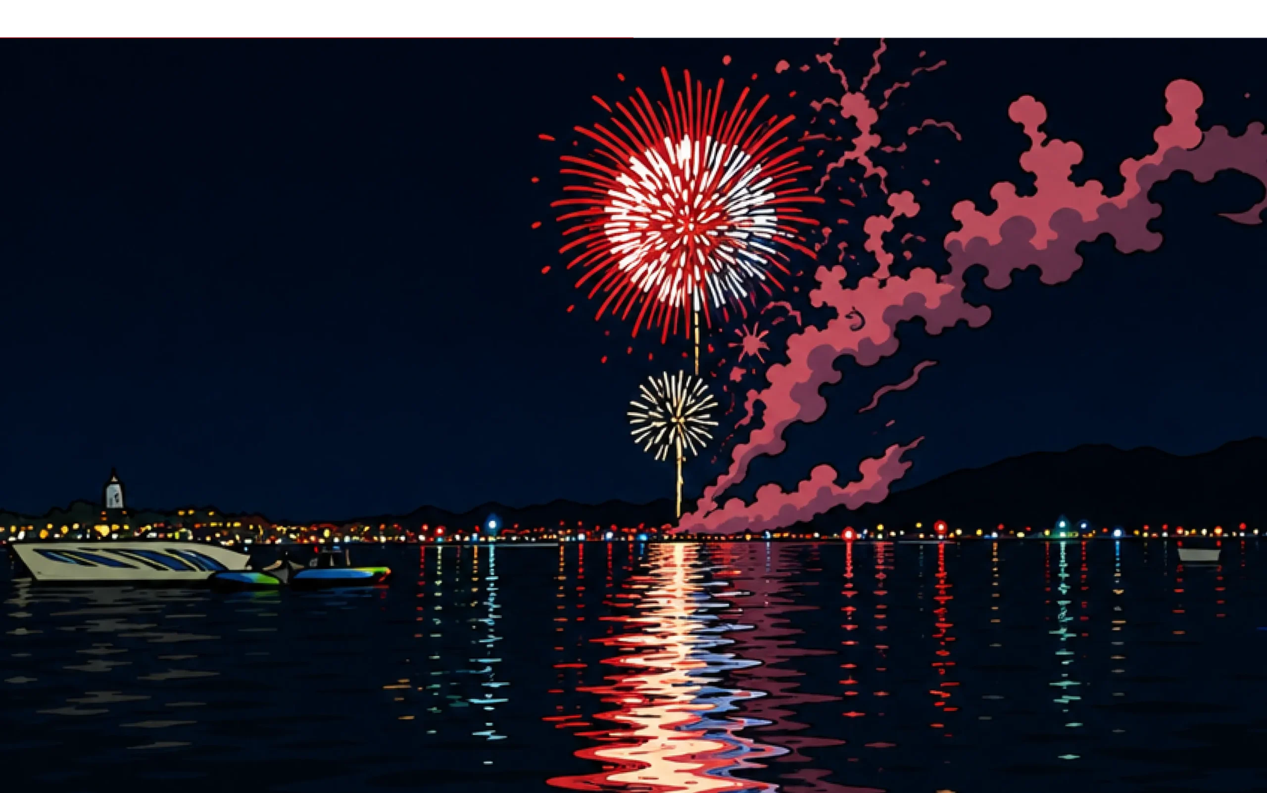 Colorful fireworks over calm water