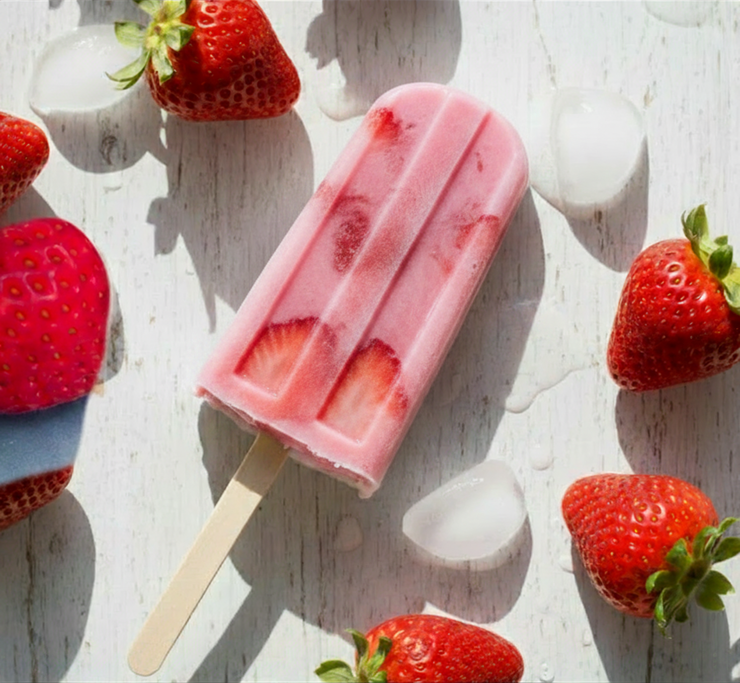 Strawberry popsicle surrounded by strawberries