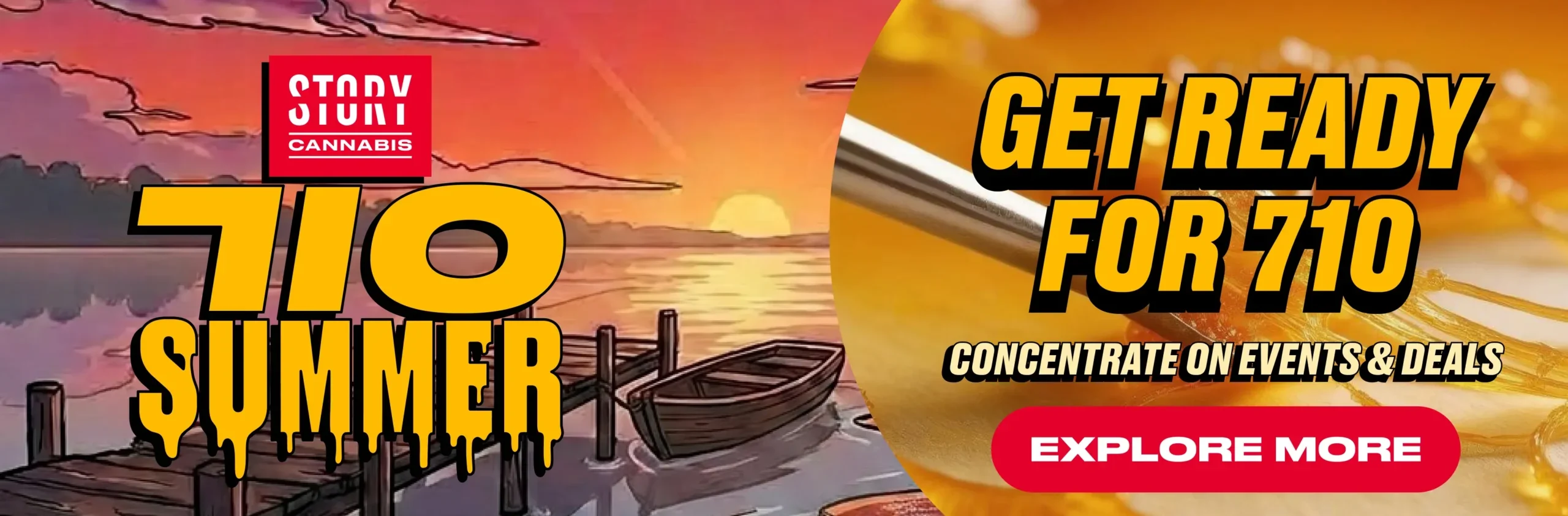 illustration of a summer sunset over a lake, with promotional text for 710