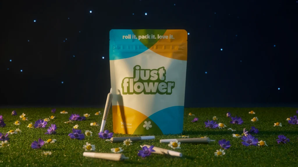 Colorful cannabis packaging with pre-rolls.