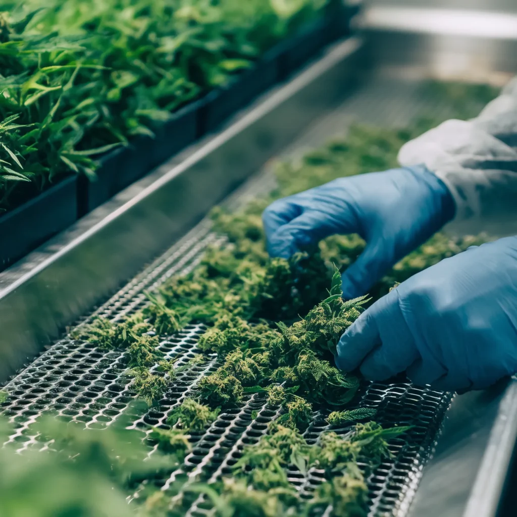Hands sorting cannabis on metal tray