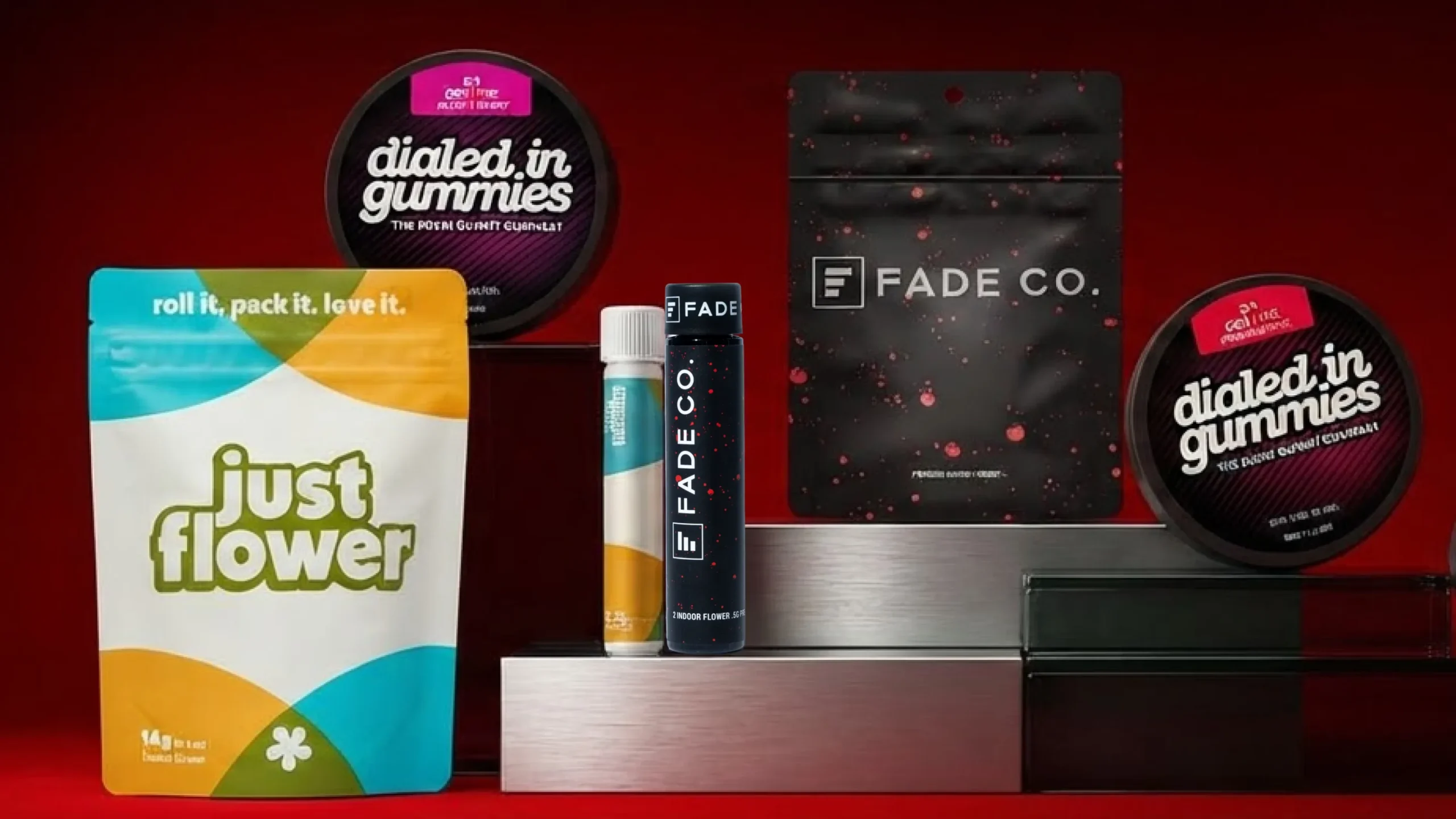 product showcase of story brands including a bag of Just Flower, Dialed In Gummy tins, and Fade Co
