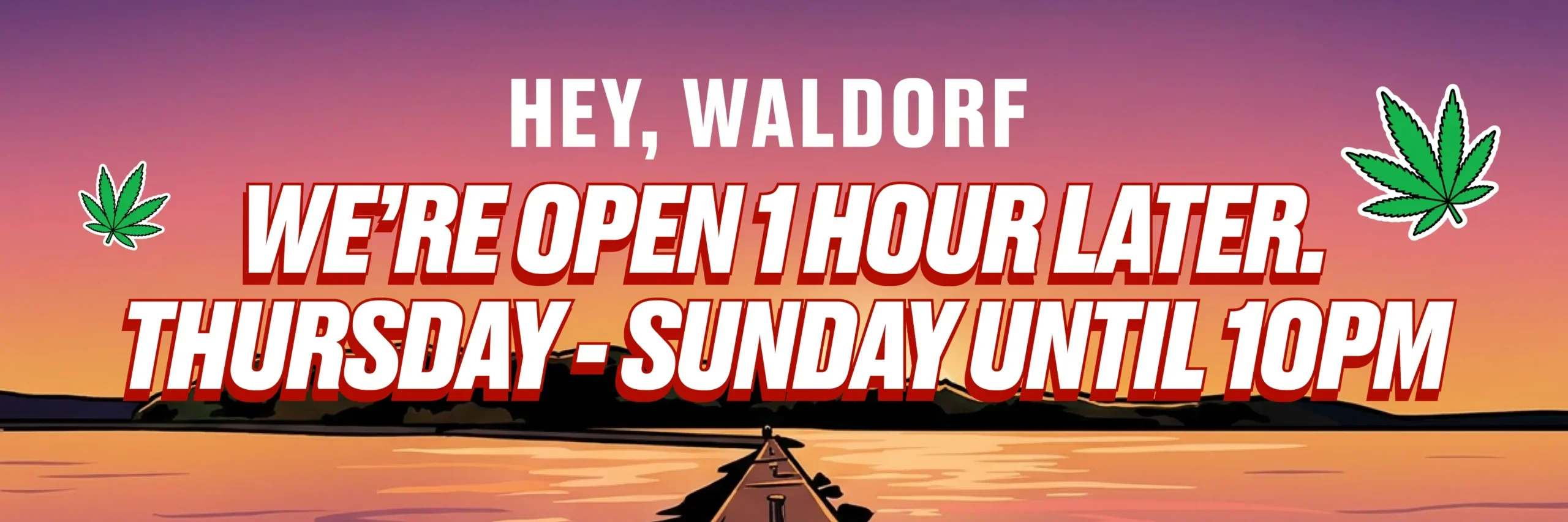 Waldorf Store Hours Extended Web Banner 2400x800 banner image of the sunset over the harbor