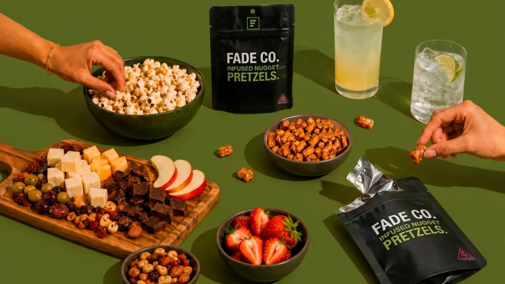 Fade Co. Infused Pretzel Pairing Guide 1 image of infused pretzels paired with fruit, cheese, and other snacks
