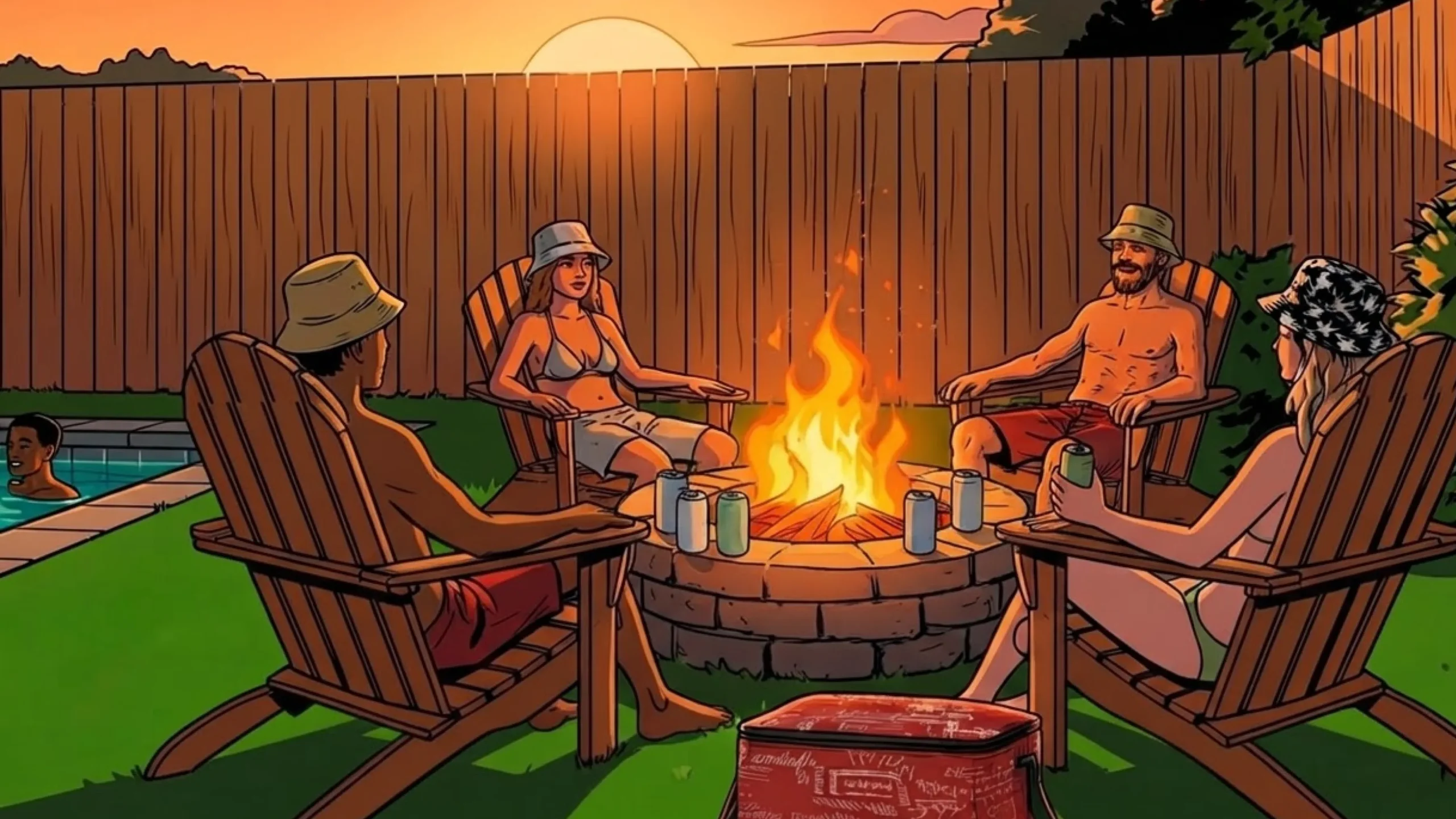 group of people gathered in a backyard around a fire with cannabis infused dirnks in hand