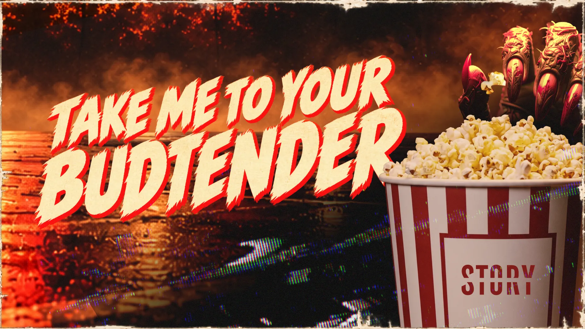 blog hero image that says "take me to your budtender" with a hand made of cannabis leaves reaching into a bucket of movie popcorn