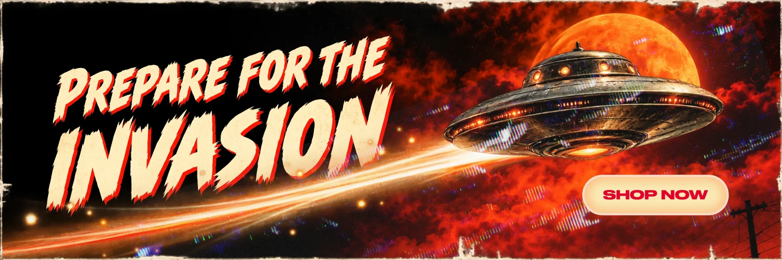 NAT Halloween26 WebPageMenu Teaser 2400x800 halloween campaign teaser banner with a ufo and planets with text that reads "Prepare for the invasion"