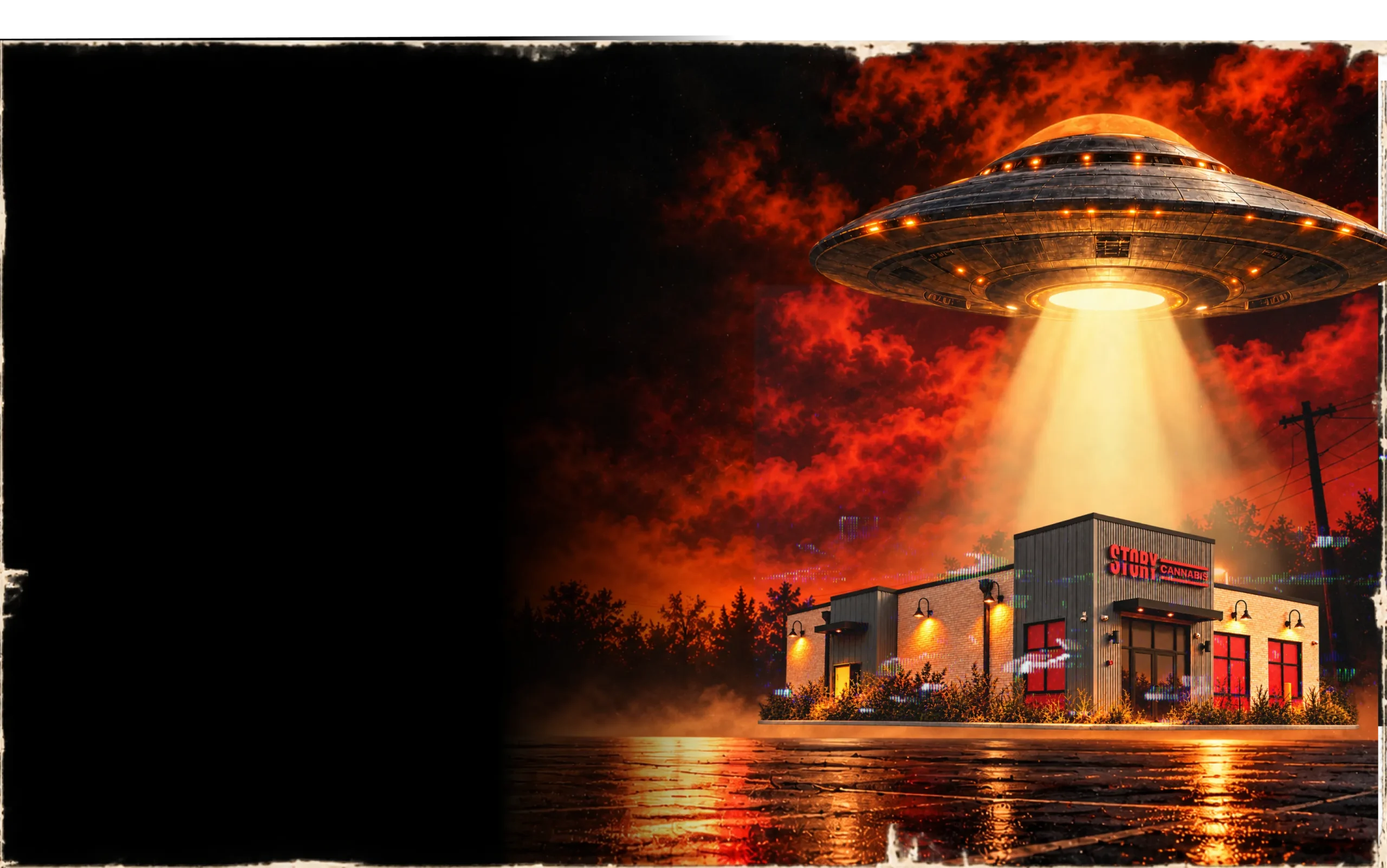 hero image of a story cannabis dispensary being abducted by alien in an UFO